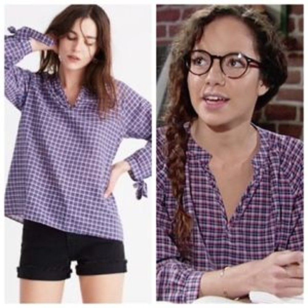 Madewell Tie Sleeve Popover Plaid Top Shirt Blouse Blue Red White ASO XS